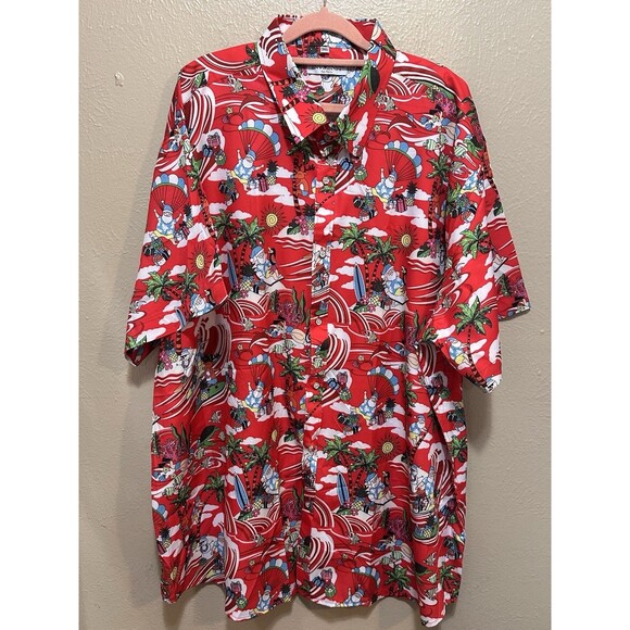 Envmenst Hawaiian Shirt Santa Claus Surfing Palm Trees Red Button Up Medium - Picture 1 of 4